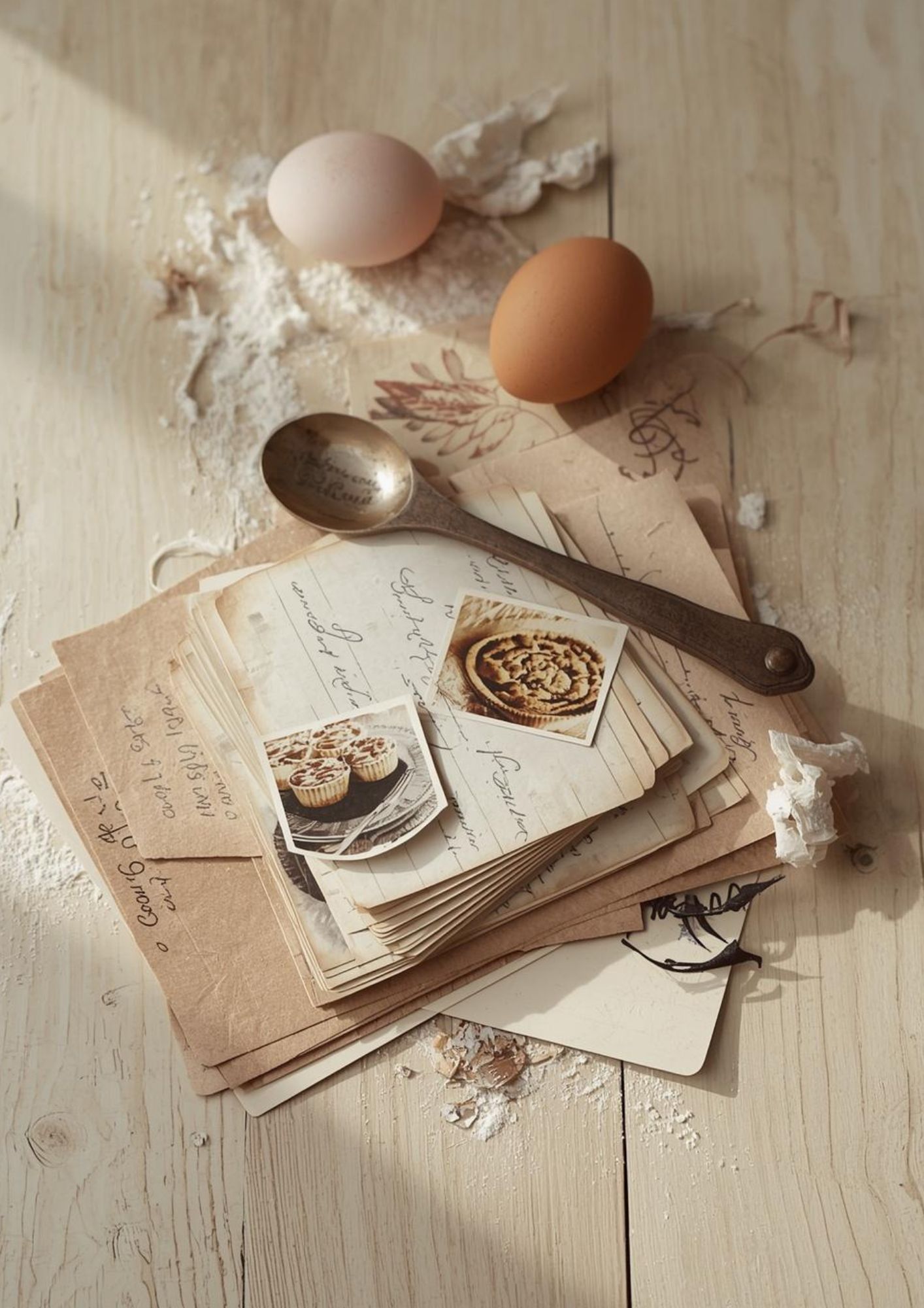 Carnet de recettes manuscrit avec œufs, cuillère et photographie d'une tarte.