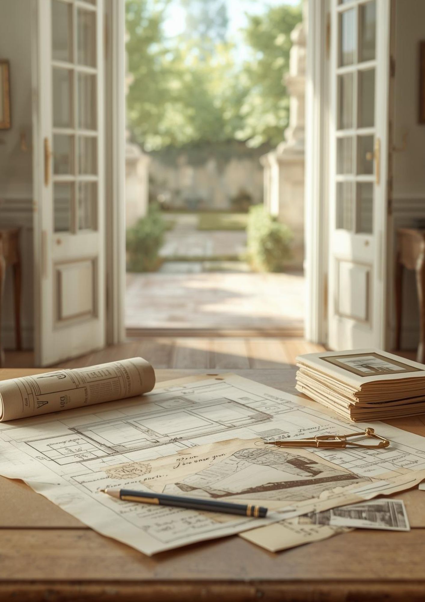 Bureau ouvert sur un jardin, plans, photos anciennes et compas.