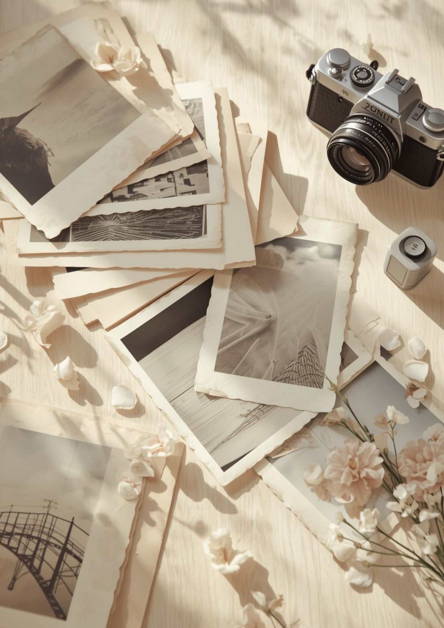 Photographies anciennes éparpillées sur une table avec un appareil photo argentique.